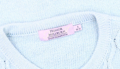 Close-up detail of Honor Millburn Women's Blue Cable-Knit Cardigan, size S
