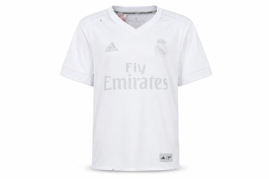 Front view of Adidas boys’ white football jersey 4-5yrs short sleeve