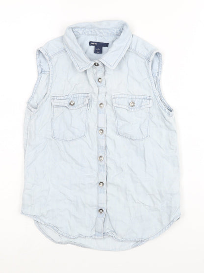 Additional front view of Gap girls’ blue button-up sleeveless shirt, size L