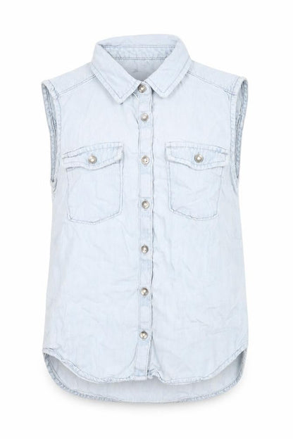 Front view of Gap girls’ blue button-up sleeveless shirt, size L