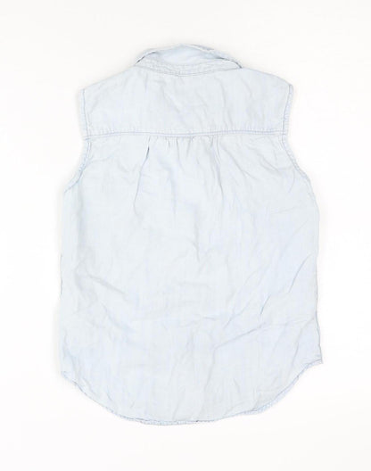 Back view of Gap girls’ blue button-up sleeveless shirt, size L