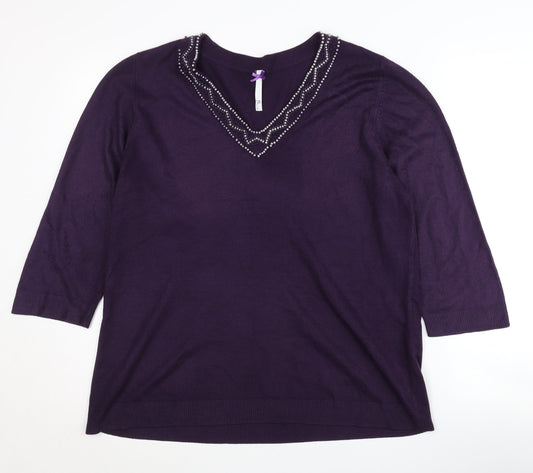 BHS Women's Purple V-Neck Beaded Pullover Jumper Size 18