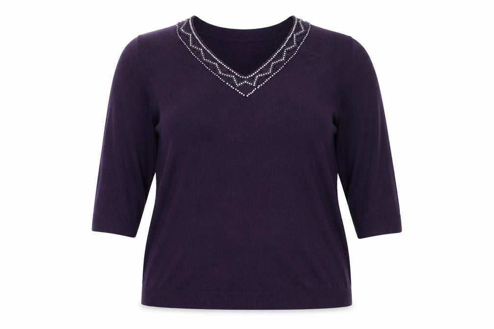 BHS Women's Purple V-Neck Beaded Pullover Jumper Size 18