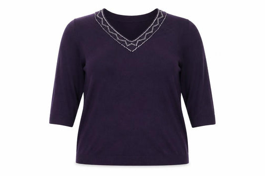 BHS Women's Purple V-Neck Beaded Pullover Jumper Size 18