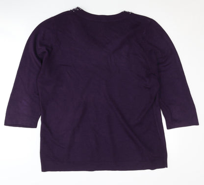 BHS Women's Purple V-Neck Beaded Pullover Jumper Size 18