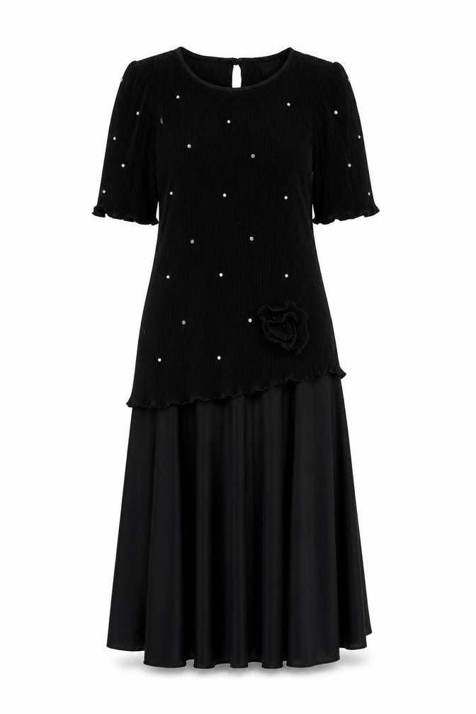 Classic Woman Black Beaded Dress Size 12 Flutter Sleeve