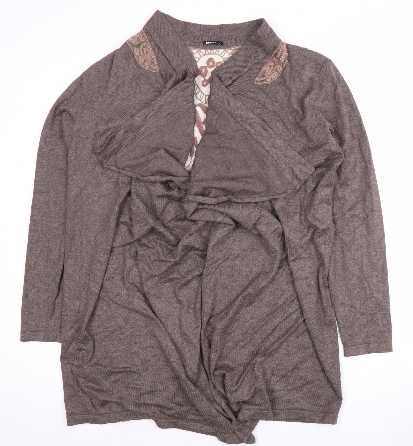 Roman Women's Brown Open Front Cardigan, Size 18, Embroidered