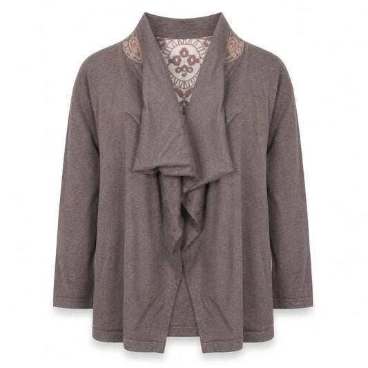 Front view of Roman Women's Brown Open Front Cardigan, size 18, Embroidered
