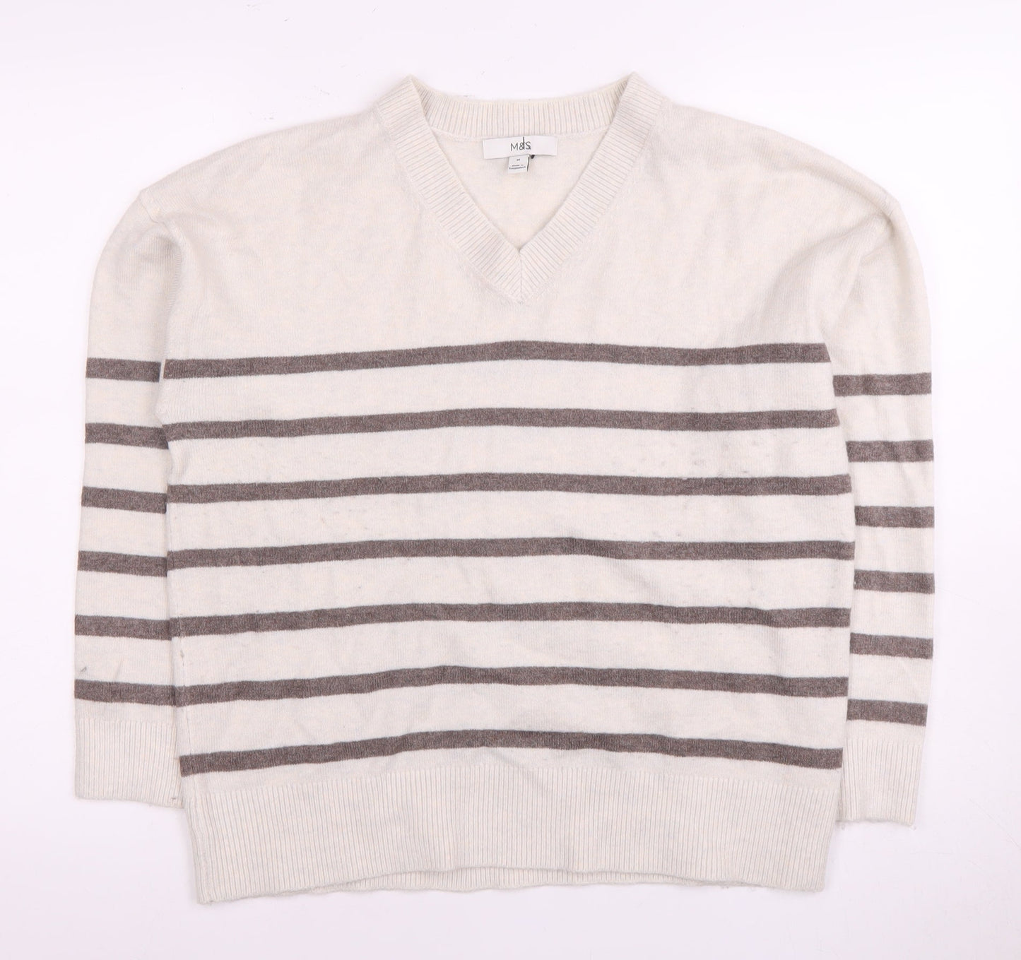 Marks and Spencer Women's White Striped Pullover Jumper - M