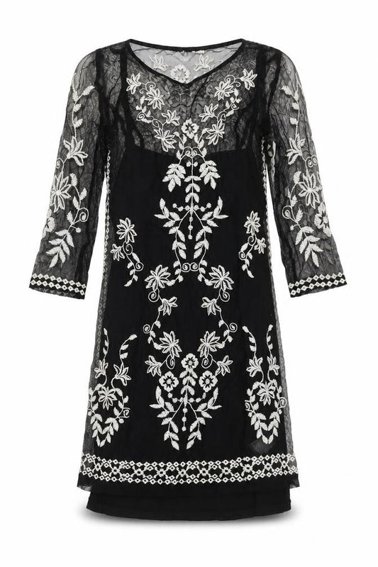 H&M Women’s Black Sheath Dress, Size 8, Embroidered, Floral