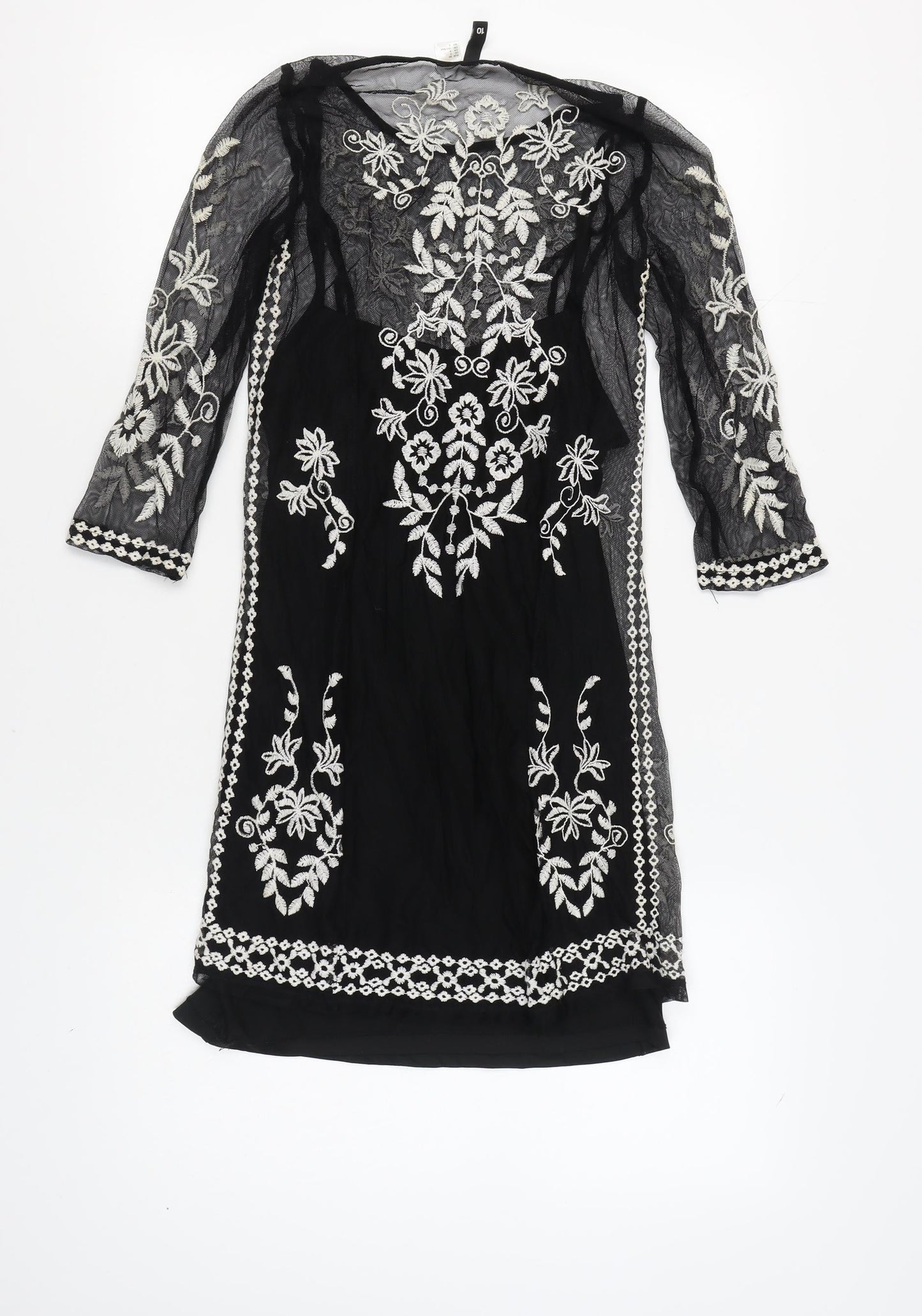 H&M Women’s Black Sheath Dress, Size 8, Embroidered, Floral