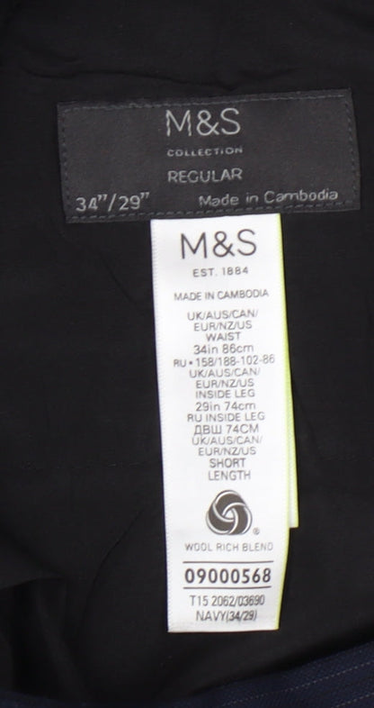 Marks & Spencer Men's Blue Trousers, 34/29, Wool Blend