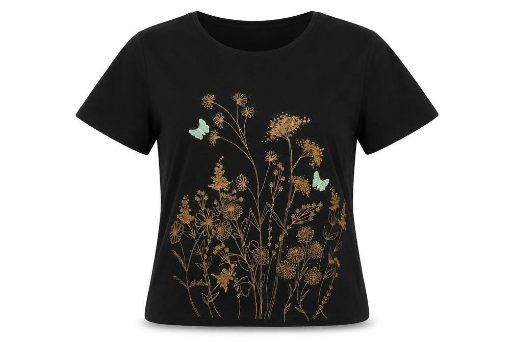 Amaranto Women's Black Embroidered Floral T-Shirt, Size 14