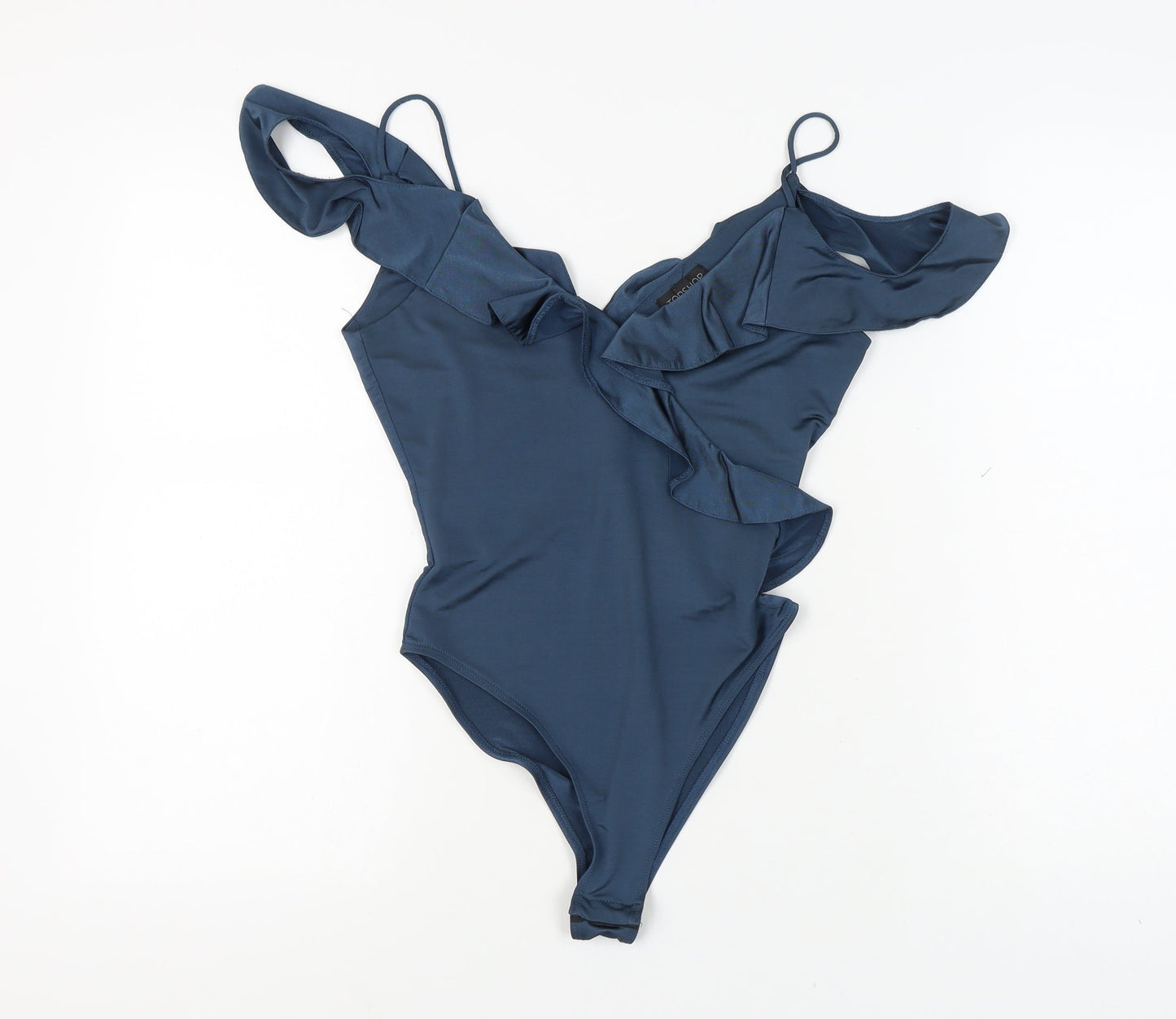 Topshop Women's Blue Bodysuit, Size 10, Ruffle Accent
