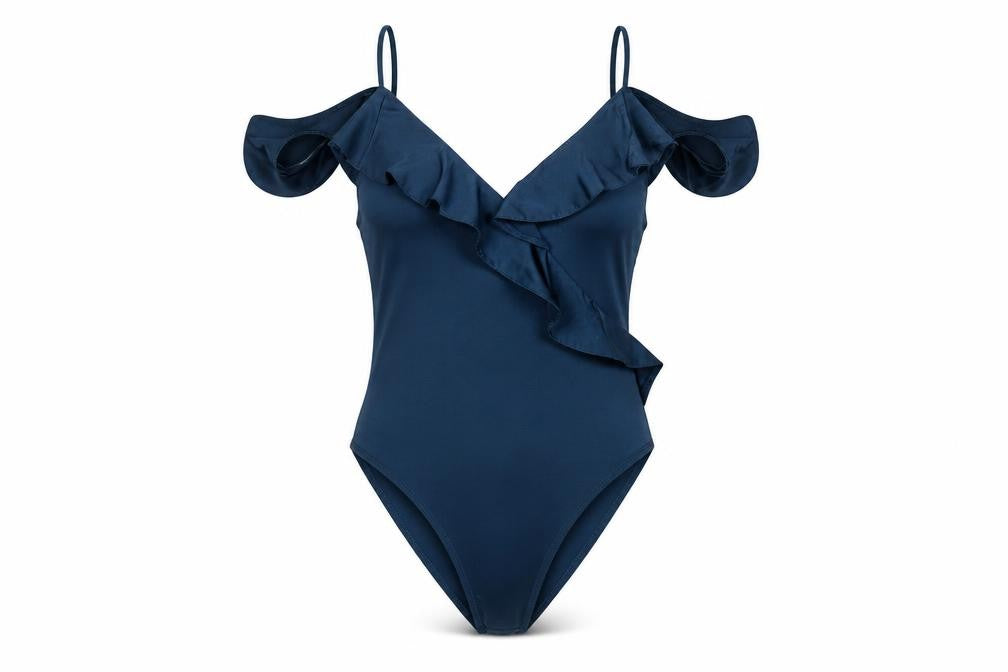 Topshop Women's Blue Bodysuit, Size 10, Ruffle Accent