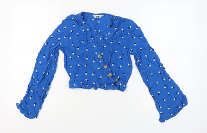 Additional front view of Miss Selfridge Women's Blue Polka Dot Cropped Blouse, size 10