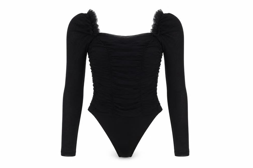 New Look Black Puff Sleeve Bodysuit, Size 10 Women