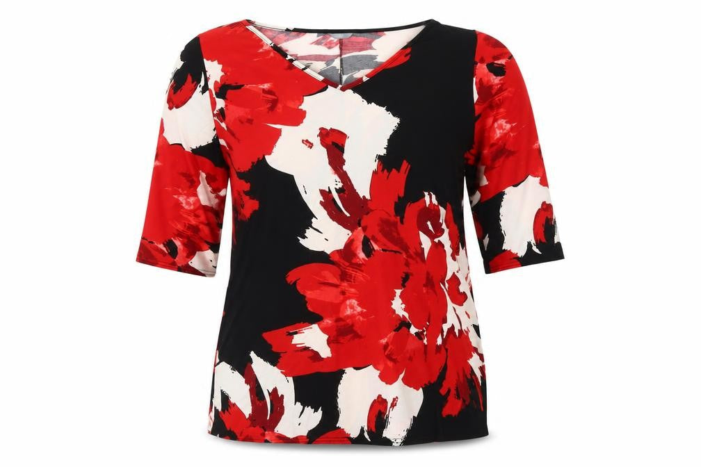 M&Co Women's Red Floral V-Neck Plus Size Top