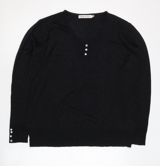 EWM Women's Black Henley Jumper L V-Neck Long Sleeve