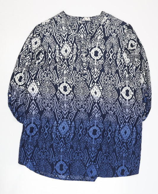 Isle Women's Blue V-Neck Geometric Blouse Size 16