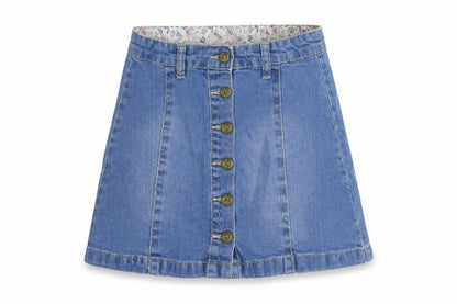 Front view of Mantaray girls’ blue denim a-line skirt, age 9, casual & stylish