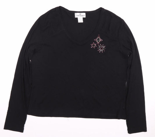 CARLA FERRONI Women's Black Beaded V-Neck T-Shirt L