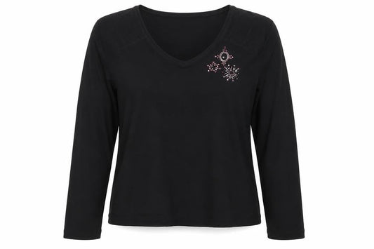 CARLA FERRONI Women's Black Beaded V-Neck T-Shirt L