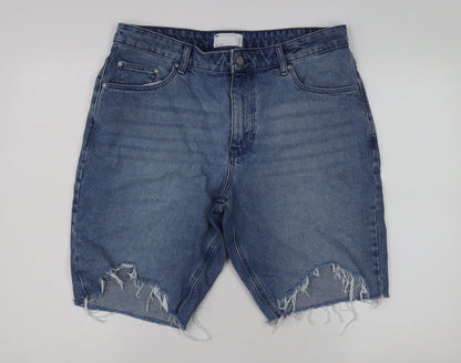 Additional front view of ASOS Design Men's Blue Denim Distressed Shorts, size 34