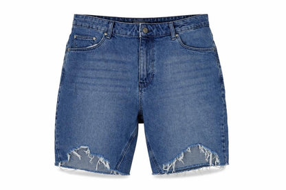 Front view of ASOS Design Men's Blue Denim Distressed Shorts, size 34