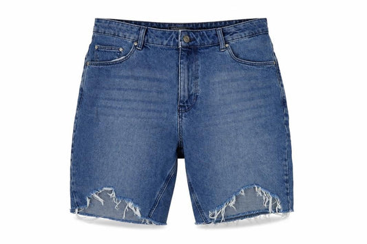 Front view of ASOS Design Men's Blue Denim Distressed Shorts, size 34