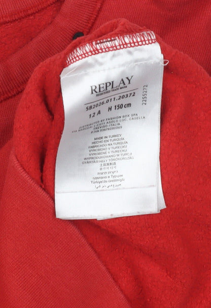 Close-up detail of Replay boys’ red pullover sweatshirt, crew neck, size 12, years