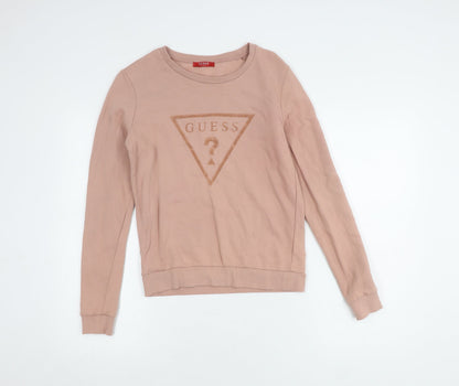 Additional front view of Guess women’s pink logo pullover sweatshirt xs
