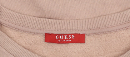 Brand and care label for Guess women’s pink logo pullover sweatshirt xs