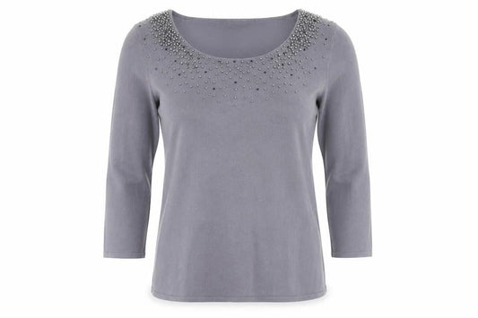 Jacques Vert Women’s Grey S Beaded 3/4 Sleeve Blouse