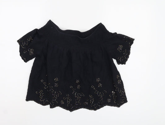 Topshop Women's Black Off Shoulder Embroidered Blouse