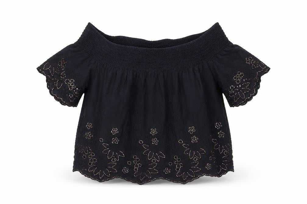 Topshop Women's Black Off Shoulder Embroidered Blouse
