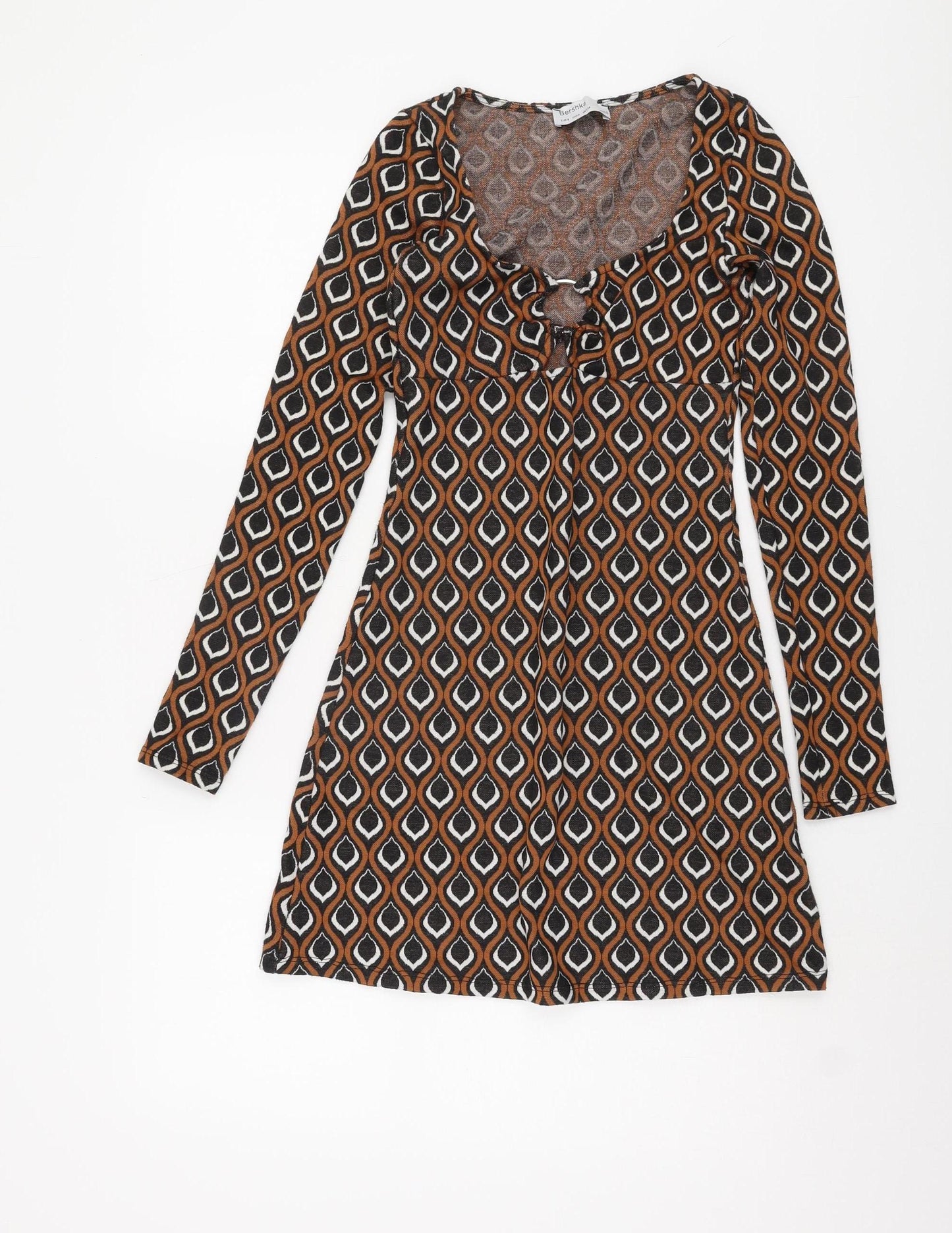 Bershka Women's Brown Geometric A-Line Dress S