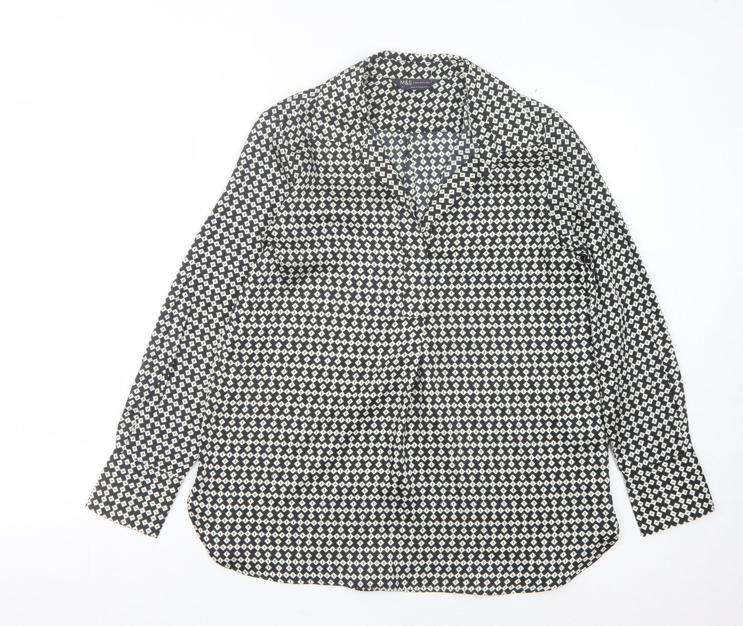 Marks and Spencer Women's Black Geometric Button-Up Shirt Size 8