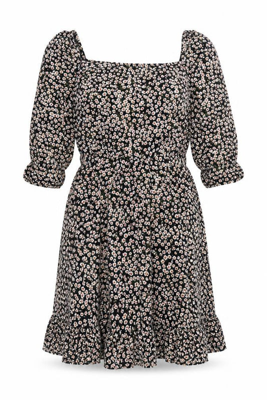 VILA Women's Black Floral A-Line Dress Size 14 Puff Sleeve