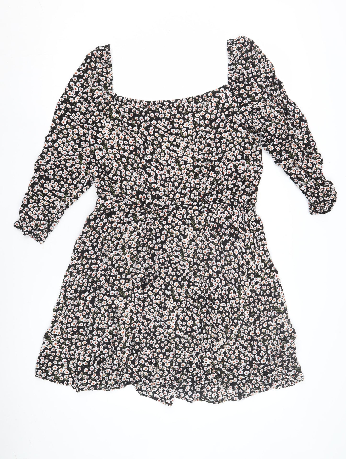 VILA Women's Black Floral A-Line Dress Size 14 Puff Sleeve