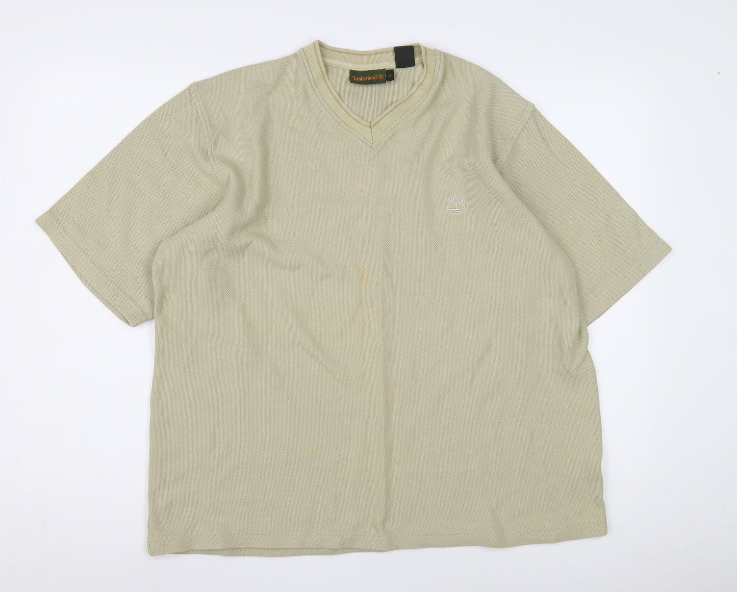 Timberland Men's Beige V-Neck T-Shirt, Large, Cotton, Logo