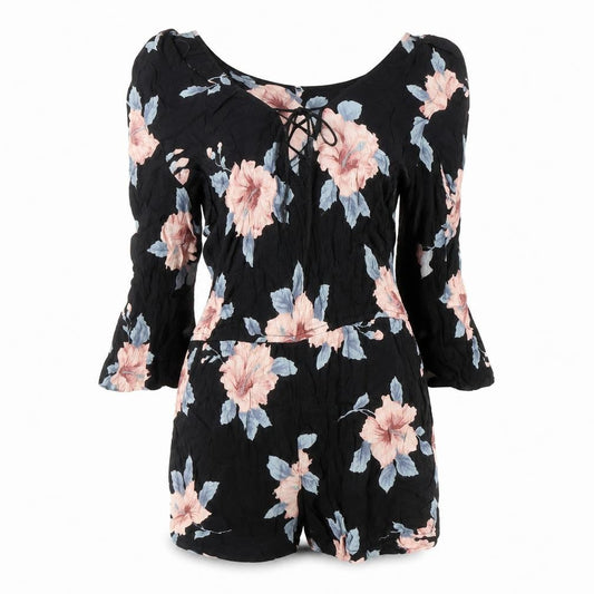 Front view of O'Neill Women's Black Floral Playsuit, M, Viscose 3/4 Sleeve