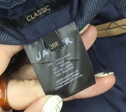 Brand and care label for Jaeger Men's Blue Blazer, size 38, Classic Style