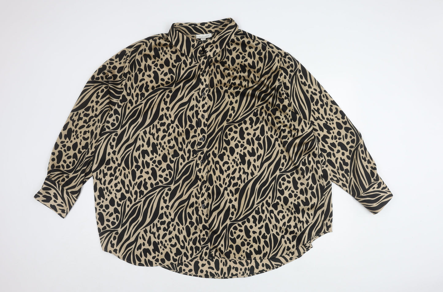 Topshop Women's Beige Black Animal Button-Up Shirt Size 18