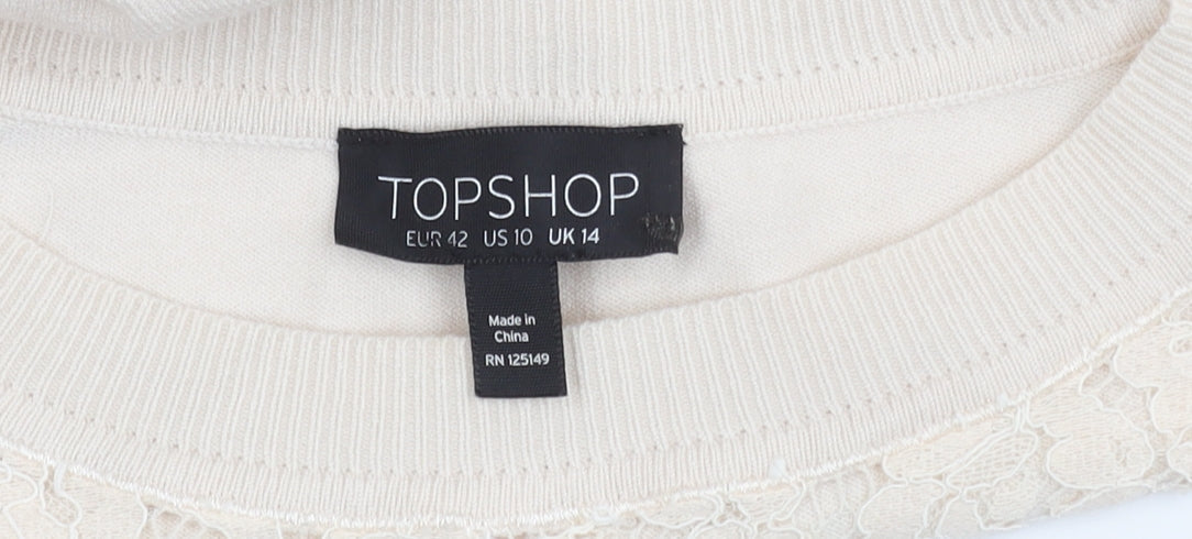 Topshop Women's Beige Jumper, Size 14, Lace Detail