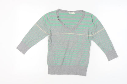 Additional front view of b.young Women's Striped Grey Green V-Neck Jumper, size M