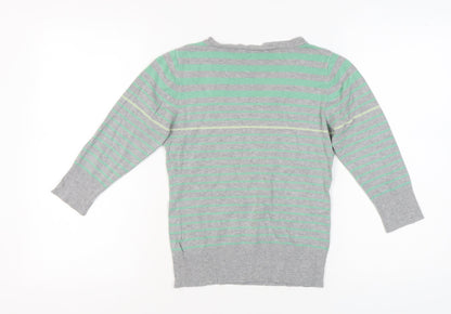 Back view of b.young Women's Striped Grey Green V-Neck Jumper, size M