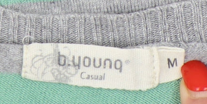 Close-up detail of b.young Women's Striped Grey Green V-Neck Jumper, size M