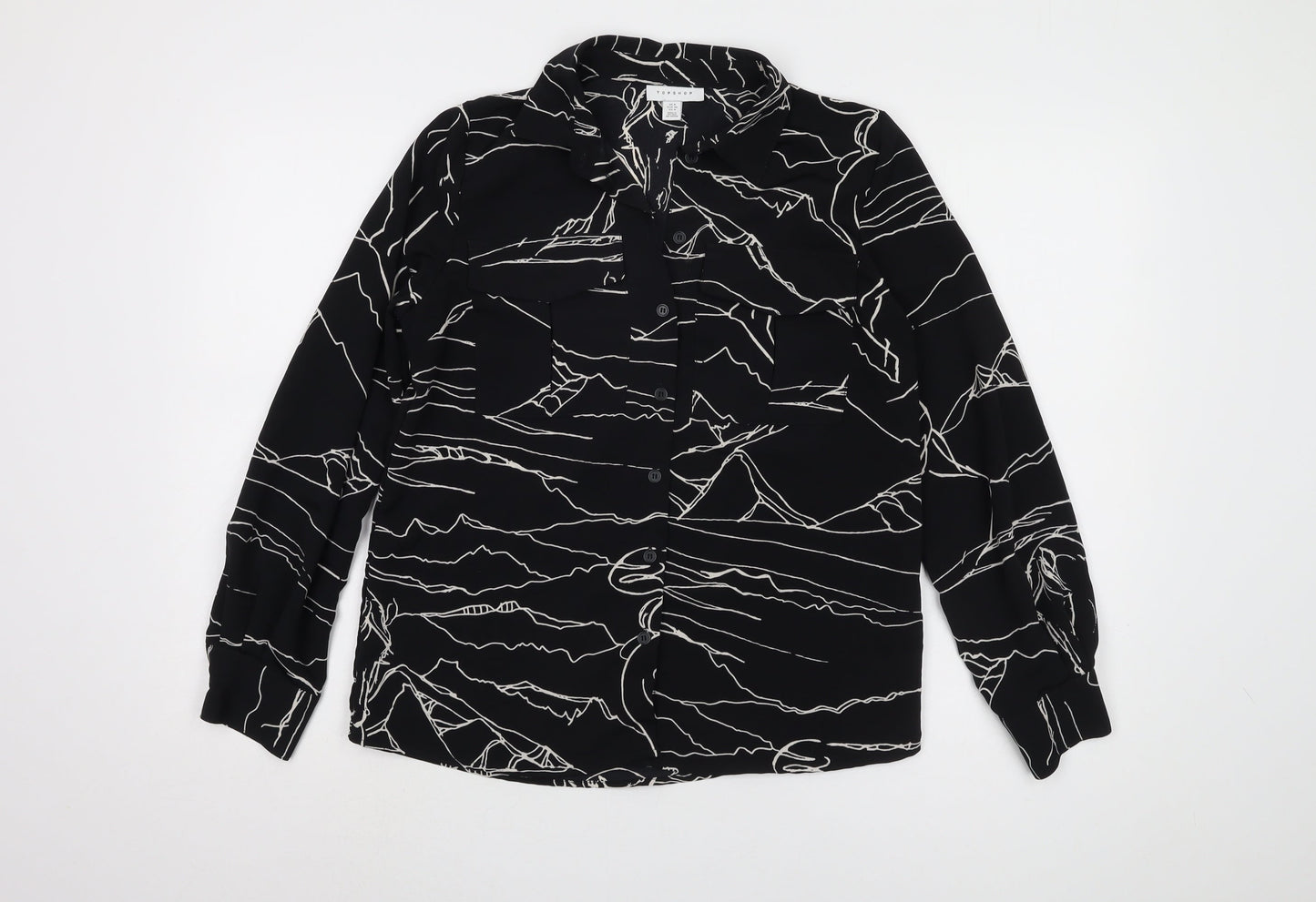 Topshop Women's Black Geometric Button-Up Shirt Size 8