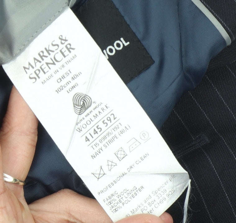 Marks and Spencer Men's Blue Striped Wool Blazer 40L